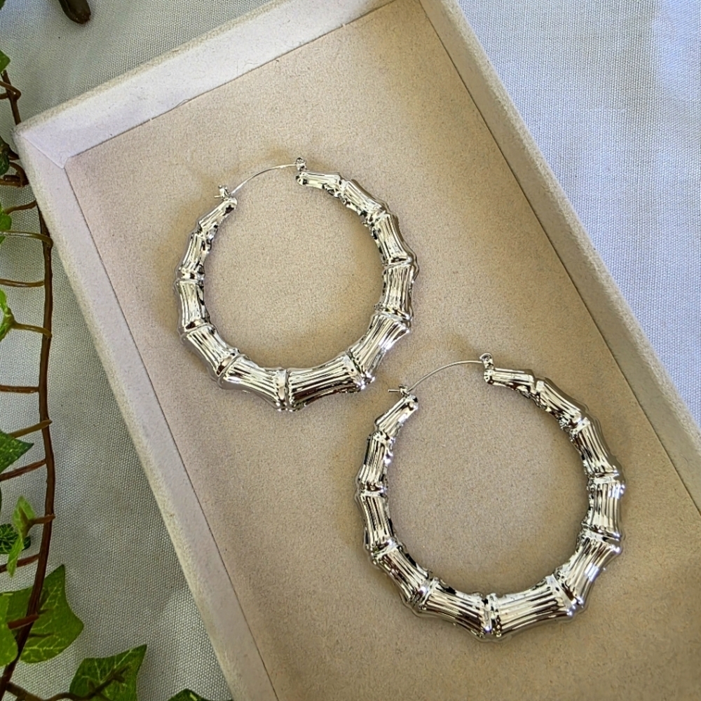 Silver Large Doorknocker Bamboo Hoop Earrings